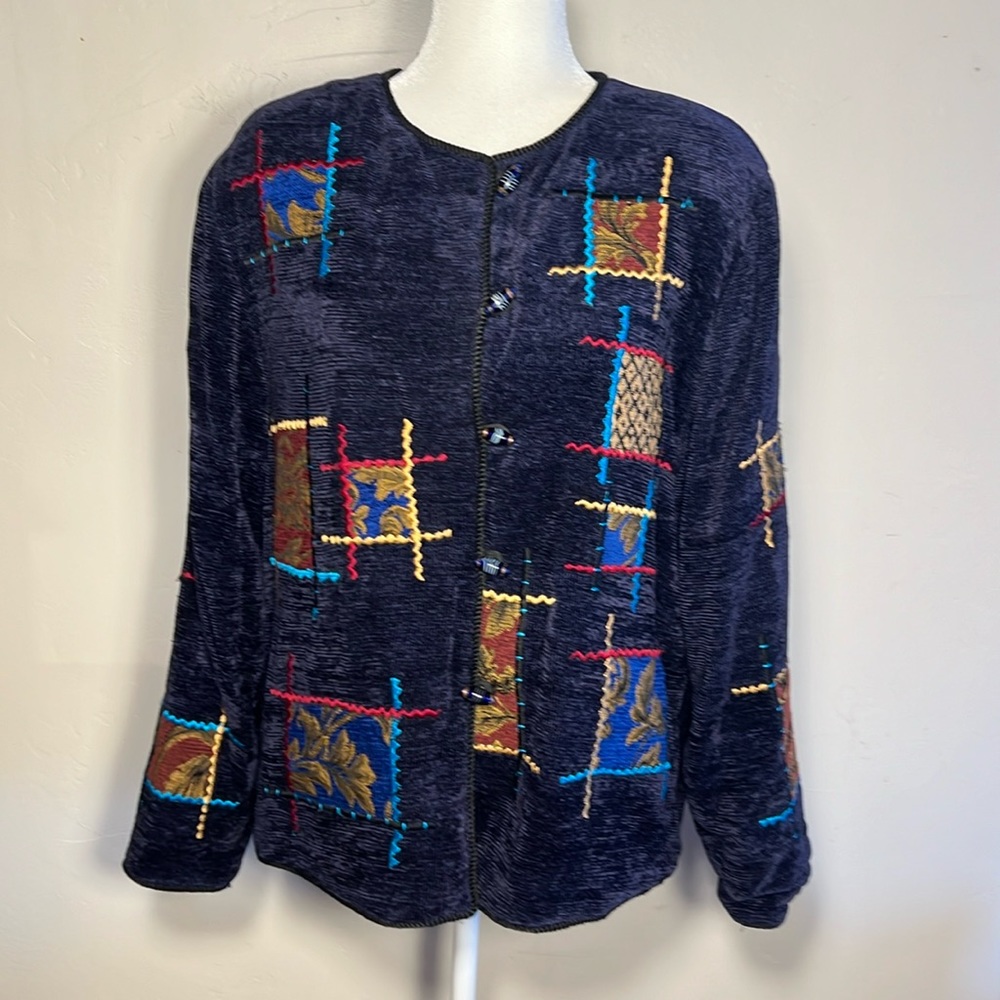 Vintage Alex Kim Patchwork Velour Shoulder Pads Jacket Blazer Medium